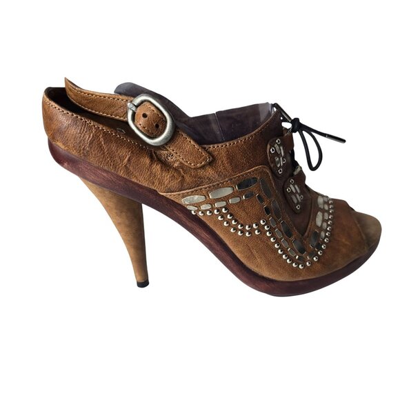 Calleen Cordero Katia Brown Leather Peep-Toe Oxford Heels Size 8 - Picture 1 of 11